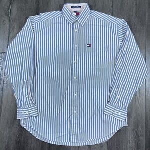 Vintage Tommy Hilfiger Shirt Mens Small Fits Large White Blue 90s 1990s USA Prep